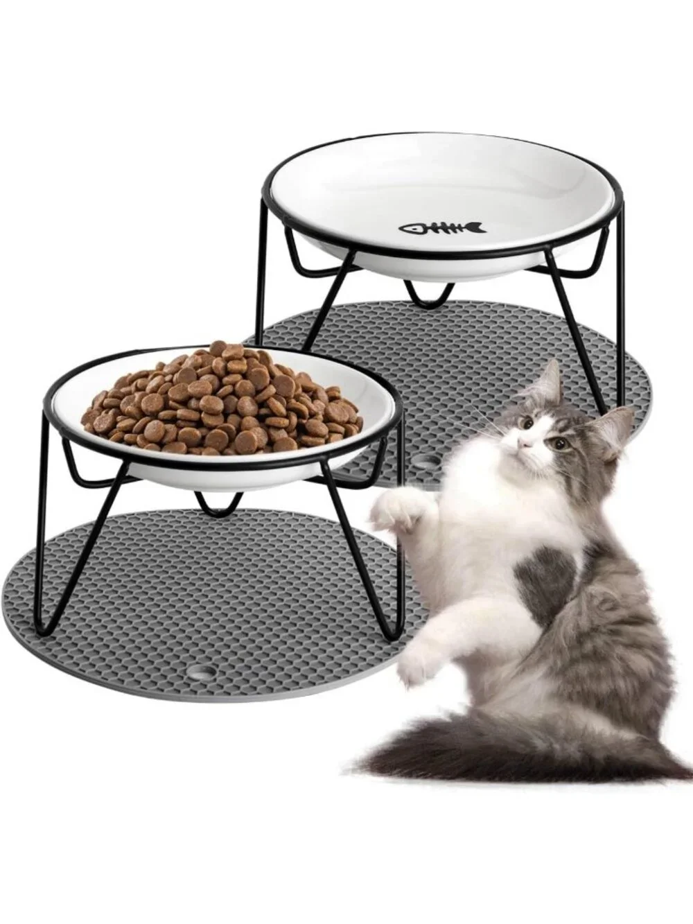 Elevated Cat Bowls Set - Ceramic Dishes with Metal Stand, Whisker Friendly
